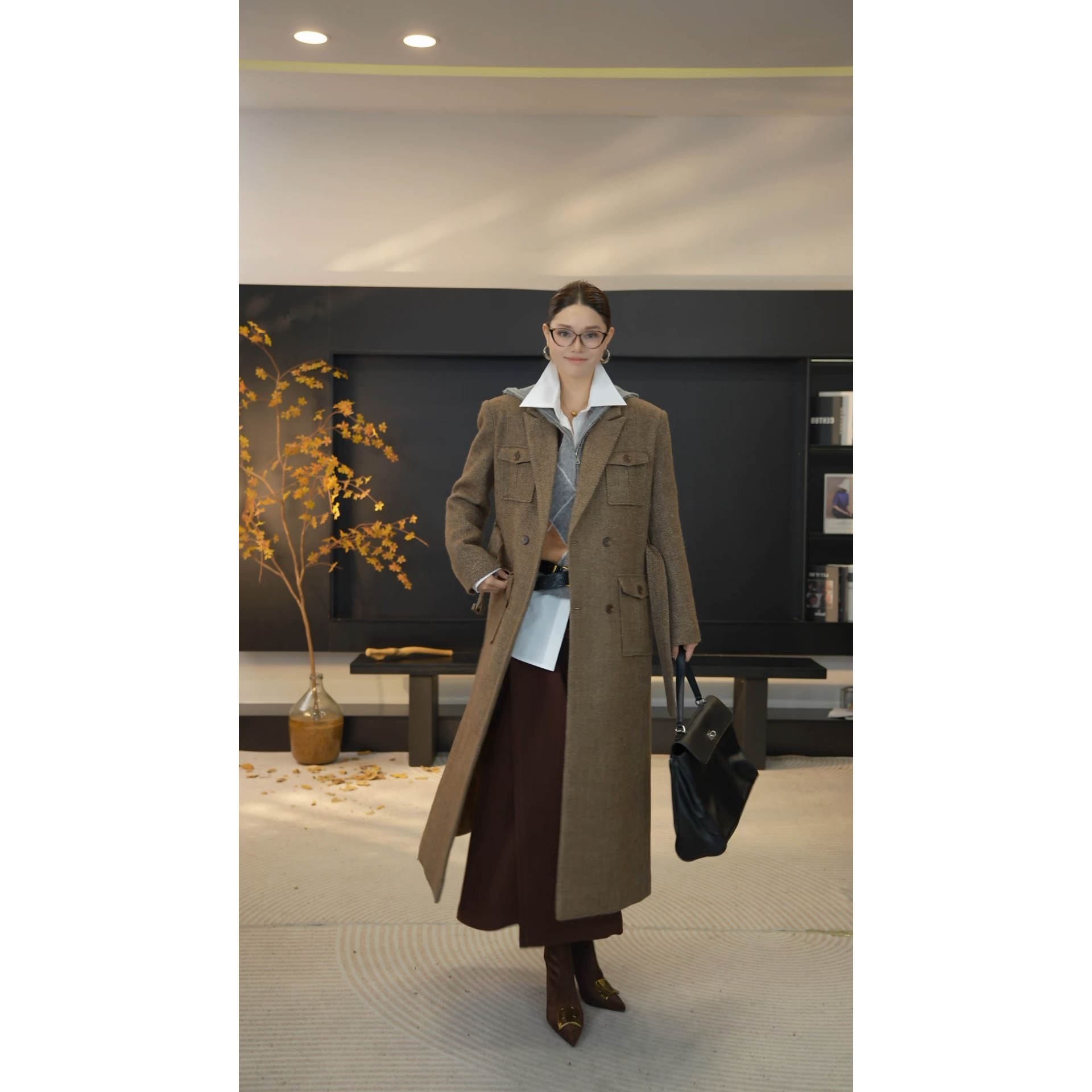 DENGDAHA「杂志封面」复古风 修身气质典雅翻领长款大衣HBZW800113