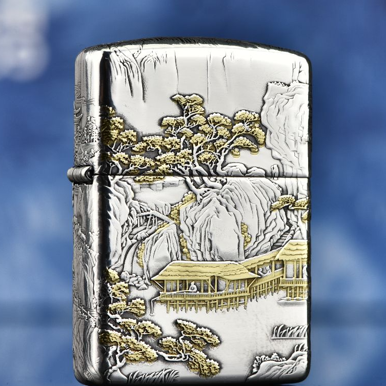 【老李鉴定】Zippo打火机正版YH盔甲镀银鎏金浮雕山水画DYJ1