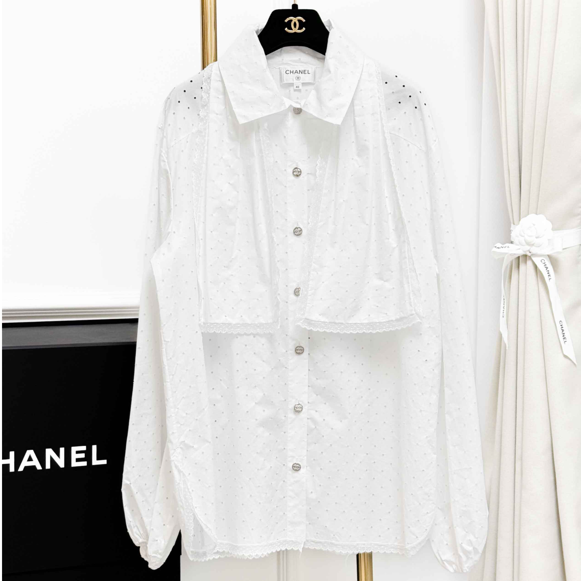 99新 Chanel/香奈儿 40码23S春夏爆款白色镂空飘带衬衫