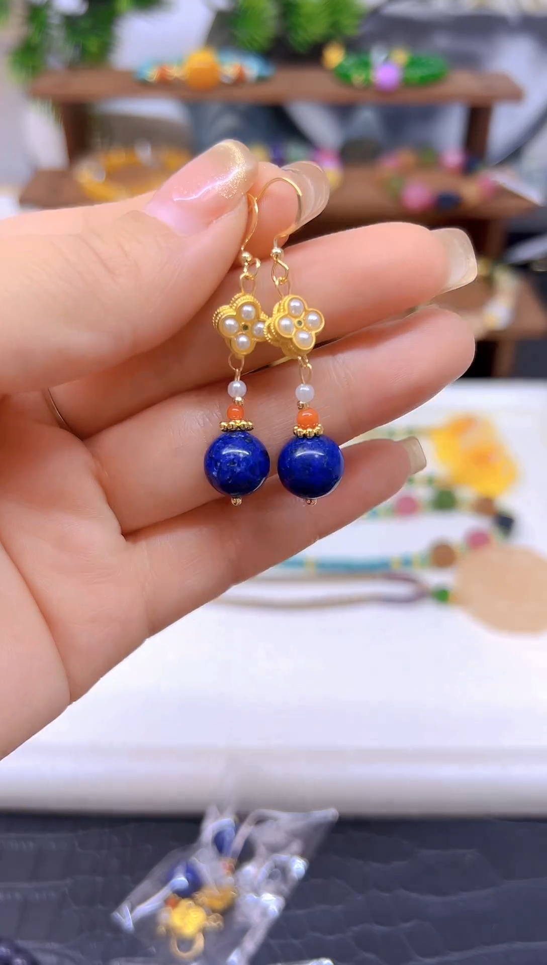 青金石14K金镶嵌耳饰E755