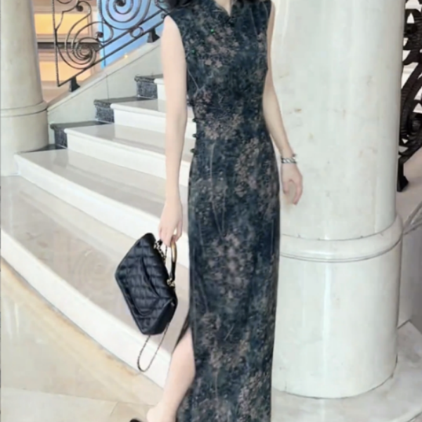 优雅开衩旗袍中长款碎花印花夏季修身连衣裙CY62803