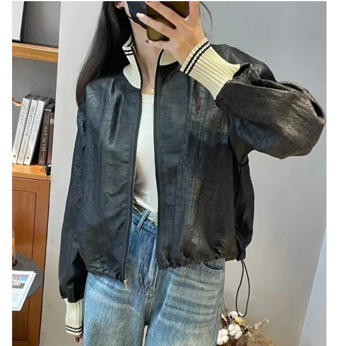 ONE- 真丝香云纱拼接针织螺纹领廓形立领夹克外套
