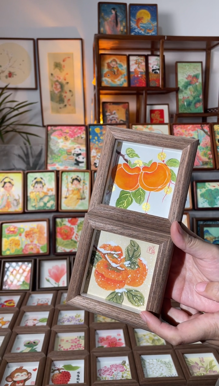 【闪购商品】国画【一串好柿+雪柿】纯手绘国画摆台