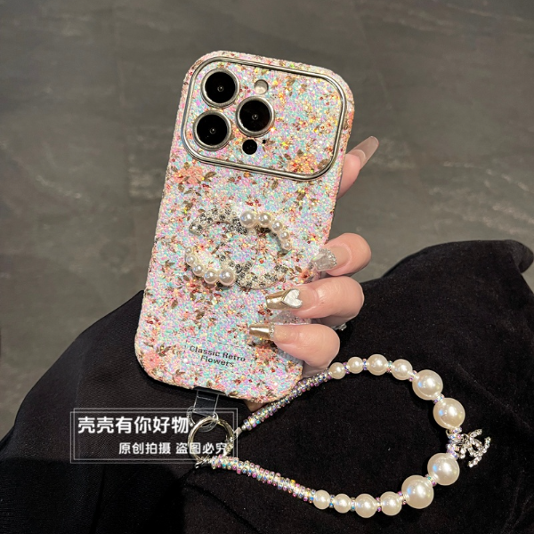 适用苹果华为手机壳iphone17大视窗16珠光亮片15pro花朵mate70女