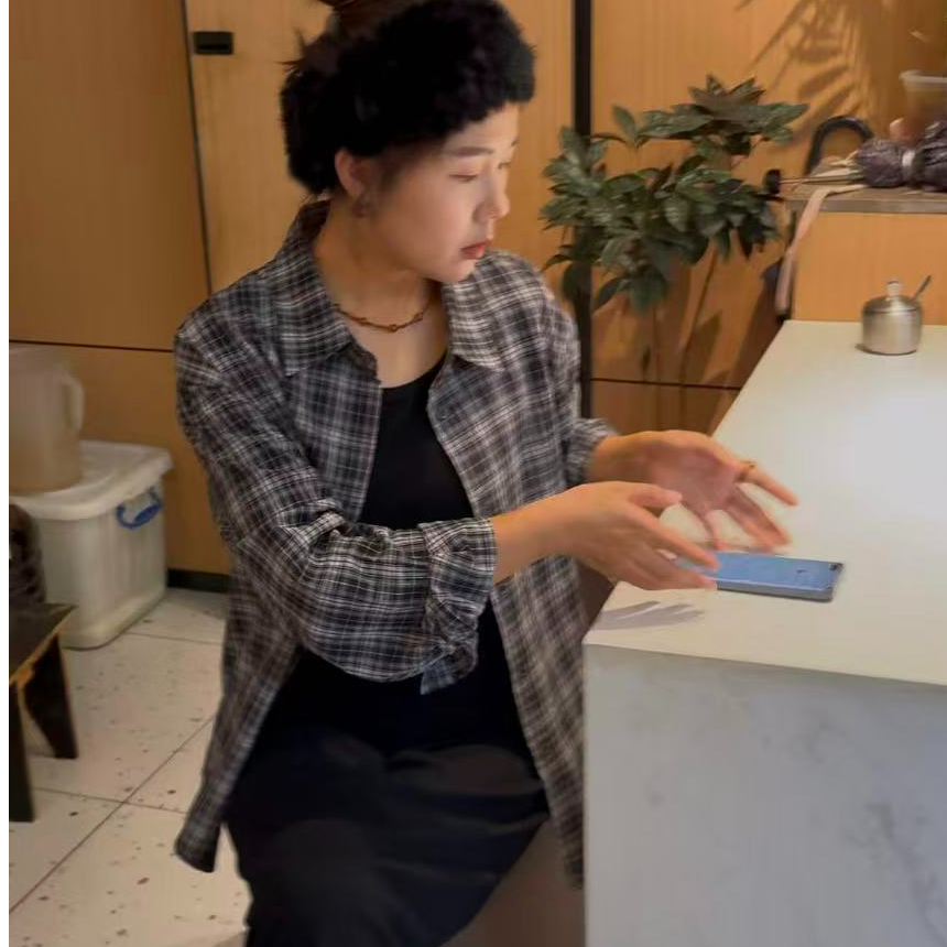 慵懒随性法式格子套装两件套