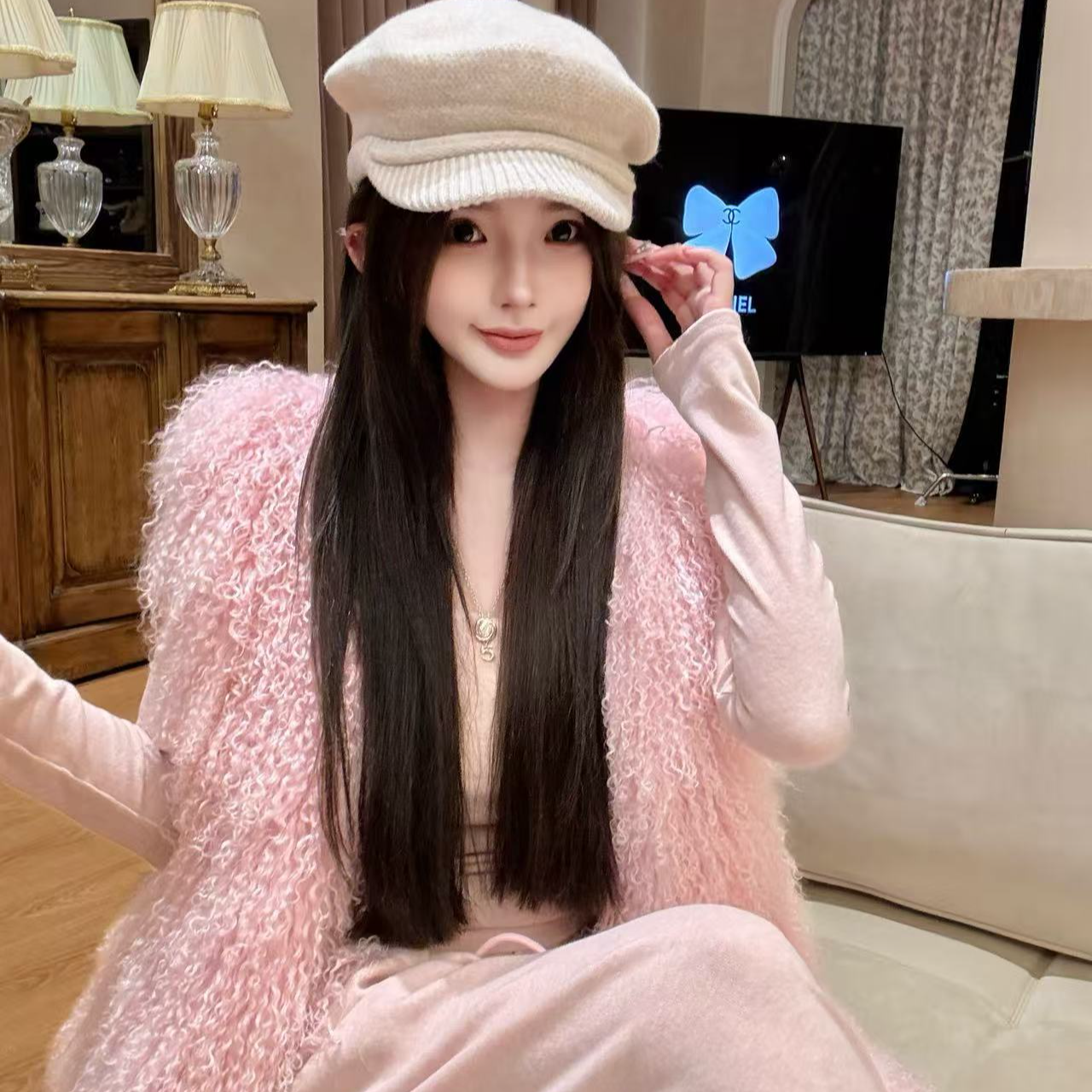 GUIDI GUDI【幽梦意】休闲100滩羊毛毛绒马甲外套/黄加蓝