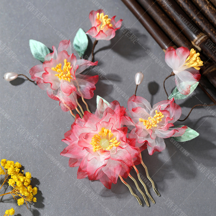 【晴川】古风新款红色荷花森系插梳古装手工烫花超仙古装汉服配饰品