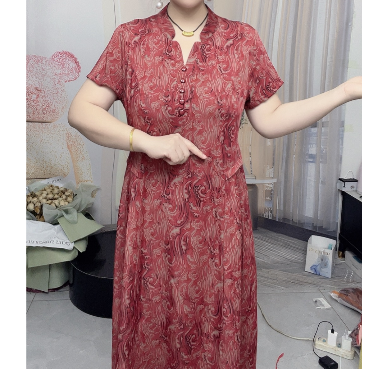 8826款高端定制拍照云锦丝缎口袋大版妈妈中年遮肚碎花洋气连衣裙