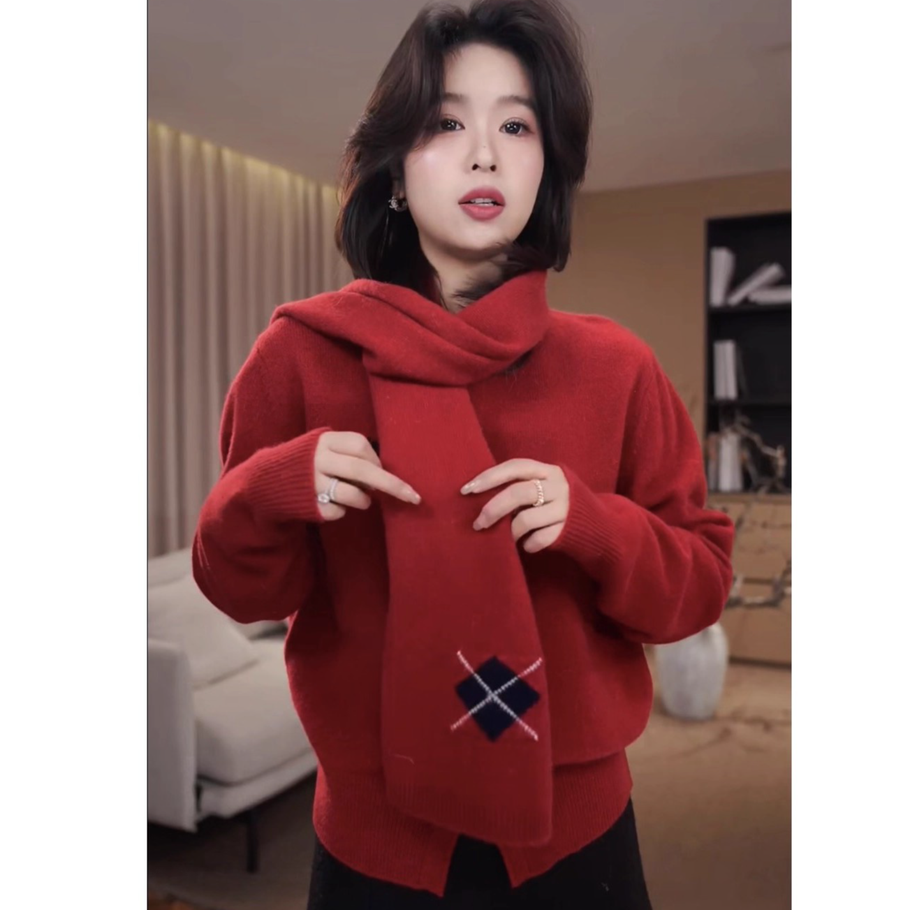 广州琴姐【奇遇红运】100羊毛提花红色围巾针织衫打底毛衣女冬37143