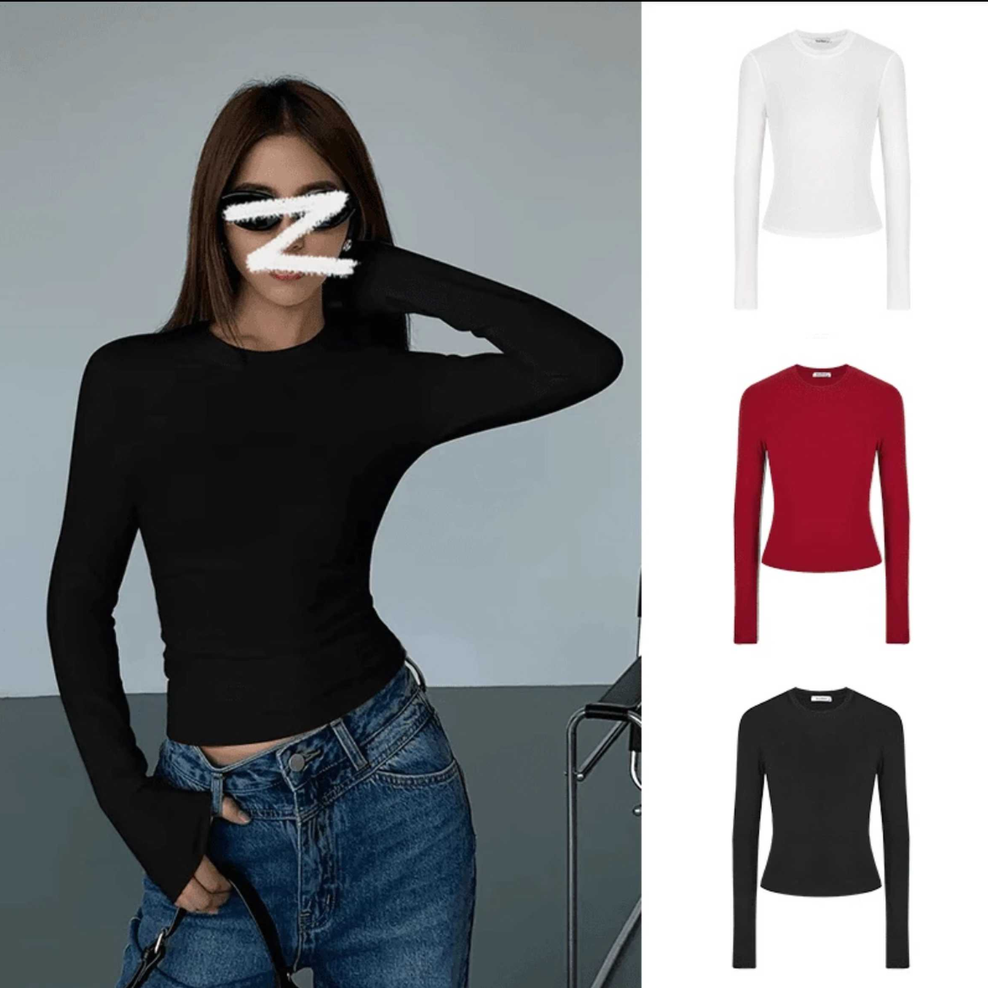 辣妹修身掐腰正肩长袖T恤女春秋新款修身显瘦内搭圆领打底衫上衣