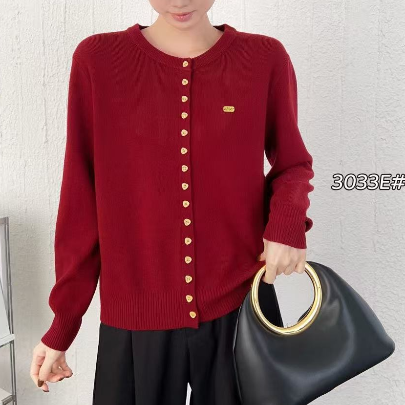 敏子家熙331黑方标女圆领毛针织衫单排多粒扣韩版红色时尚