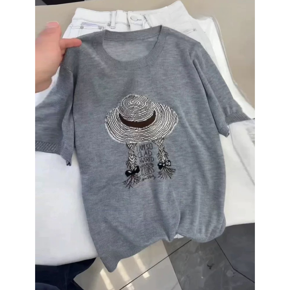 3203【草帽女孩提花针织衫】夏季新款女士简约百搭短款上衣