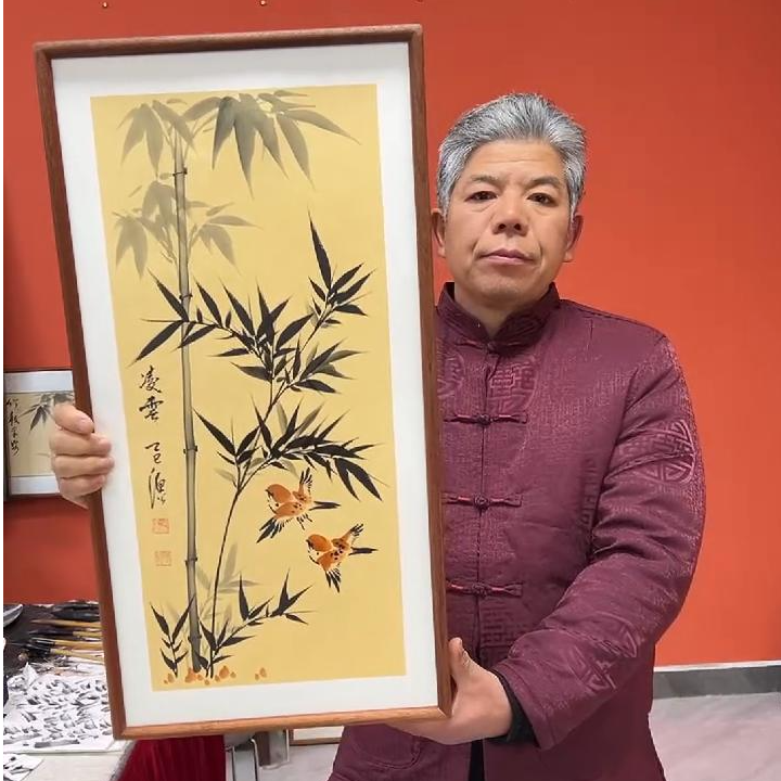 张富民手绘作品/凌云（乌檀木实木框）（竖版）/36*69厘米左右