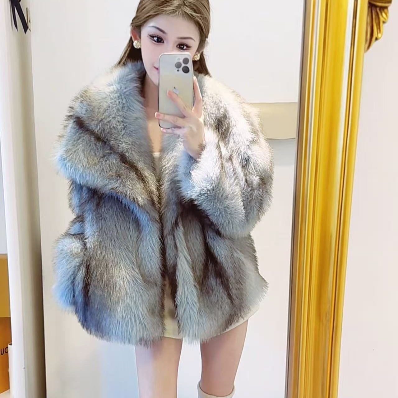 人造皮草 833 贵气大翻领 仿毛草外套 衣长60CM