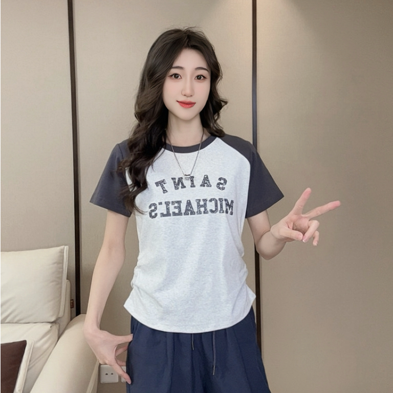 插肩袖收腰印花字母短袖T恤显瘦短款时尚休闲百搭夏季撞色圆领