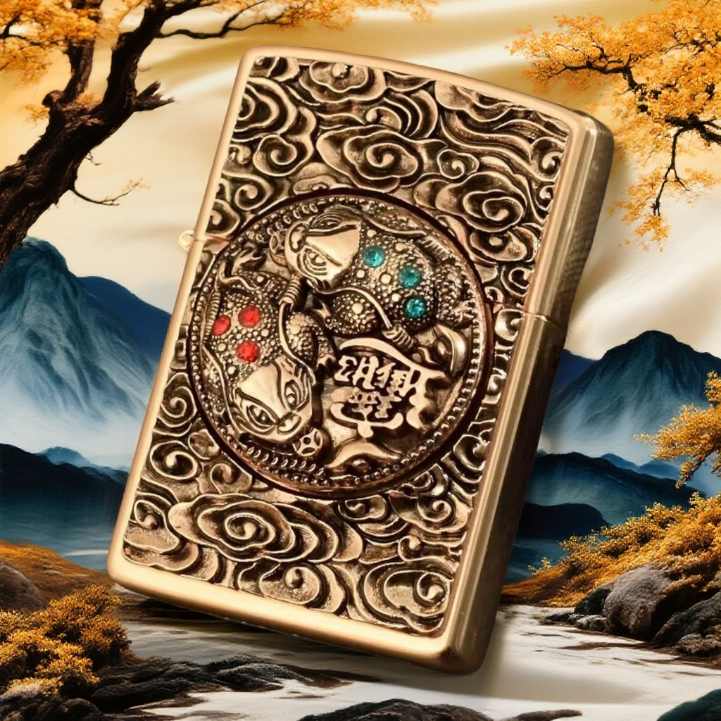 招财金蟾 复古浮雕镶钻打火机（带保修卡 定制皮革礼盒）