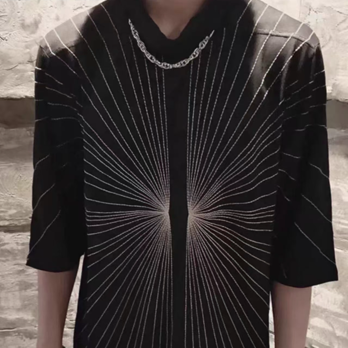 暗黑风格短袖射线刺绣宽松长款t恤黑色蜘蛛网半高领立领纯棉半袖