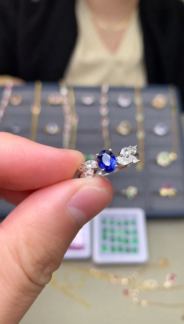 戒指蓝宝石银S925镶嵌戒指