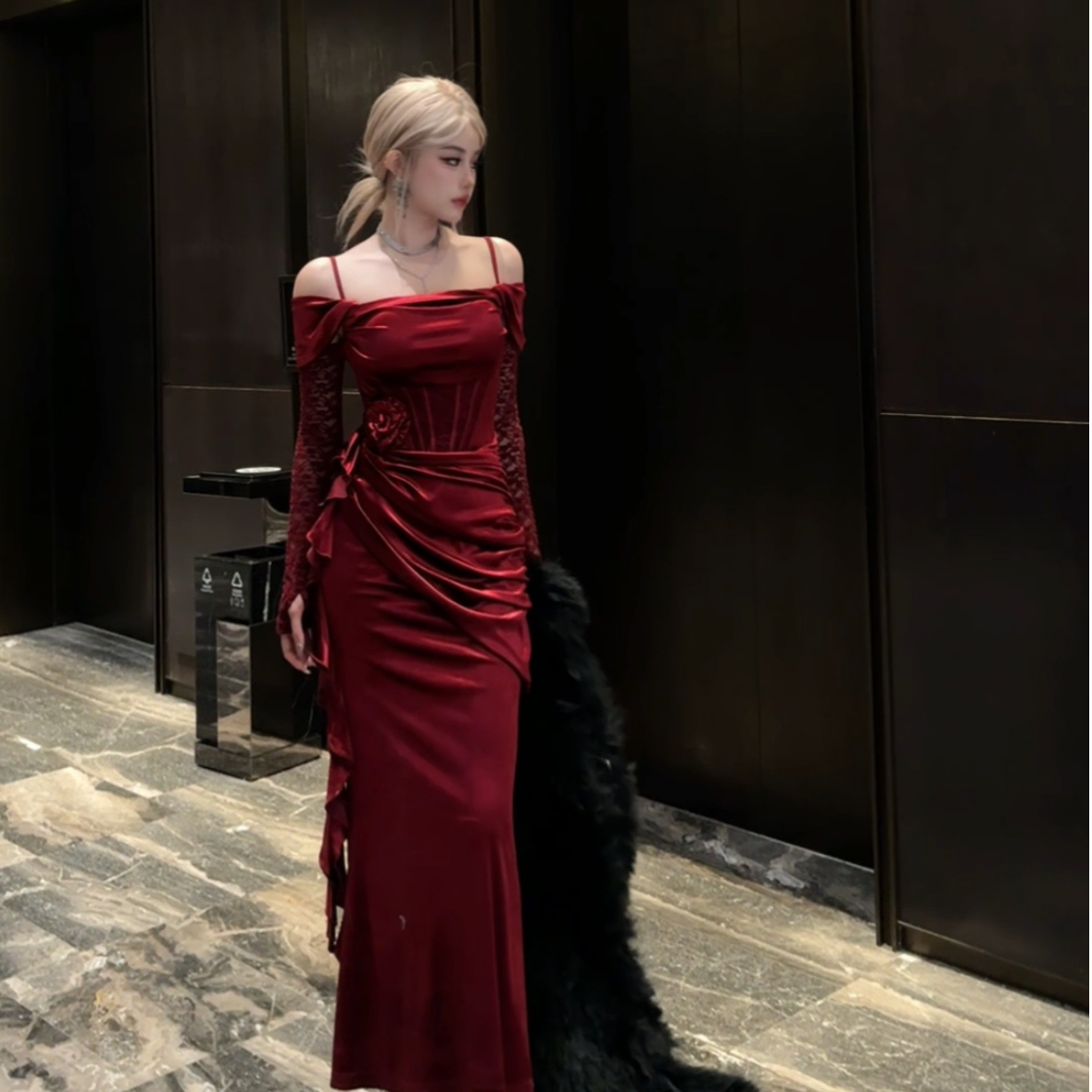 【宣宣家】（鎏金琥珀）修身名媛气质法式设计感连衣裙-SXUJL407976