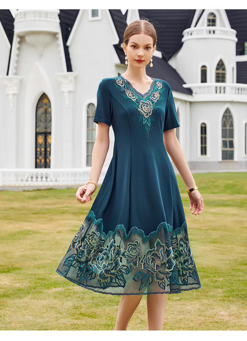 典家绿色中年妈妈夏季洋气大码气质减龄收腰显瘦连衣裙