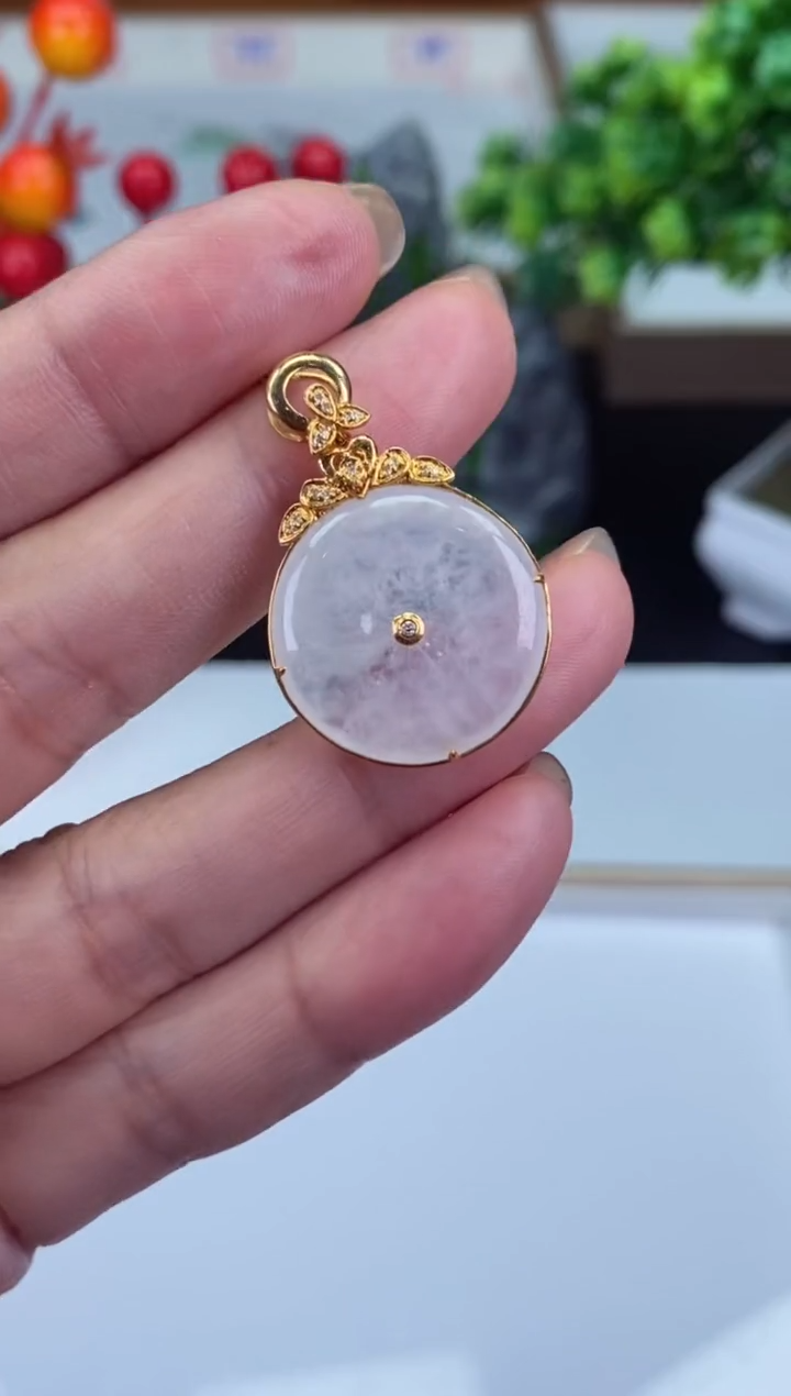 吊坠(不含链)18K金镶嵌翡翠平安扣多样性发其一@@CMT1246-2