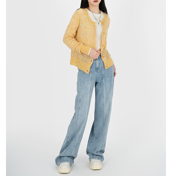 LAMBOYO复古秋季圆领针织衫长袖马海毛开衫温柔舒适薄款毛衣女