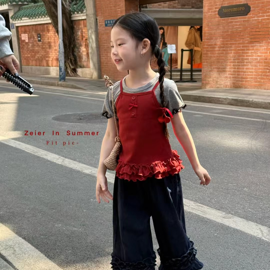 童装女童春装2025新款套装时髦洋气多巴胺穿搭宝宝红色吊带牛仔裤