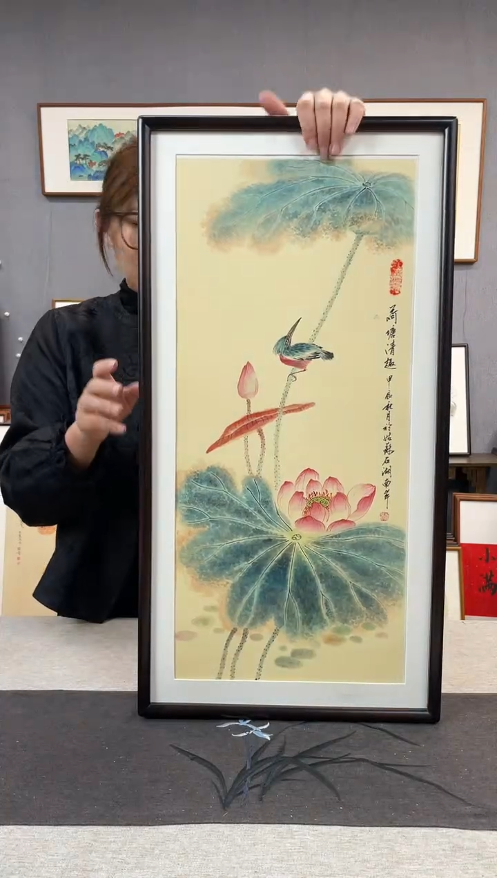 【闪购商品】国画王嘉诚-手绘带框作品-35*68-荷花