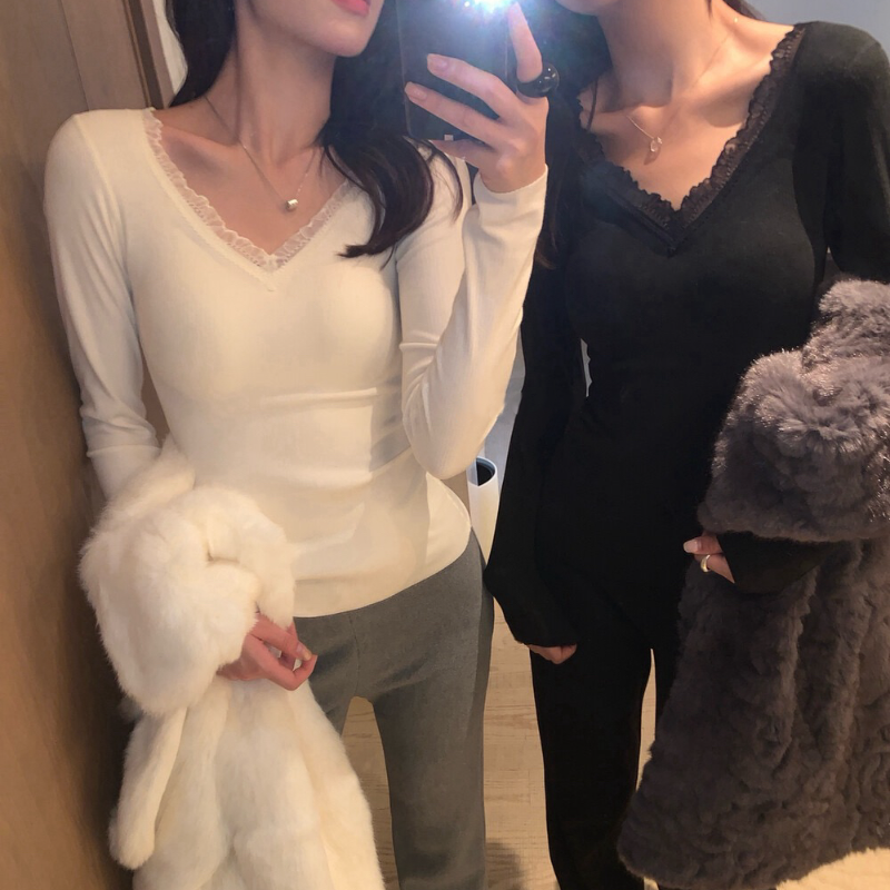 秋冬韩系法式蕾丝带胸垫V领加绒打底衫内搭上衣 1057