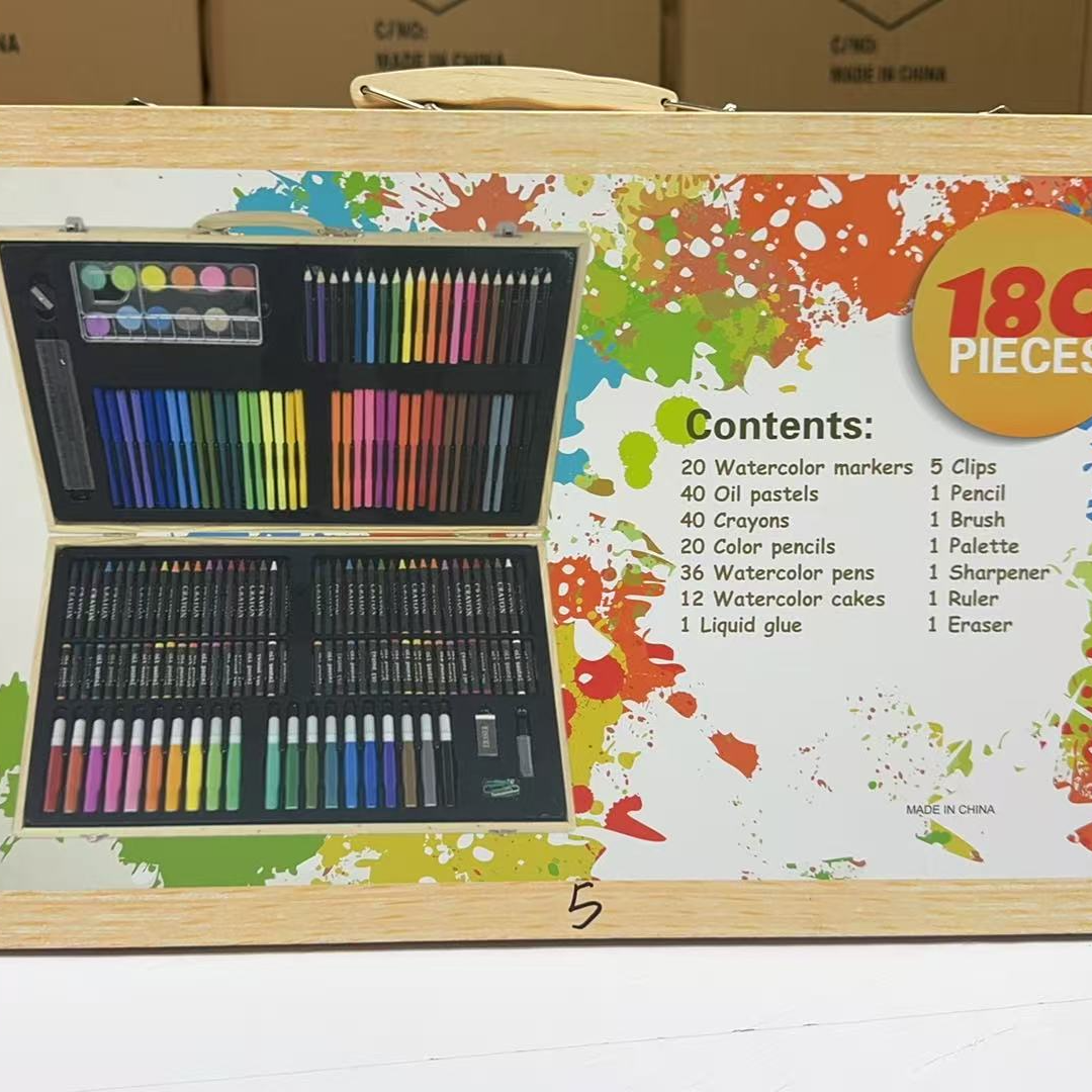 180件木盒画笔套装培训礼品毕业礼物水彩笔蜡笔
