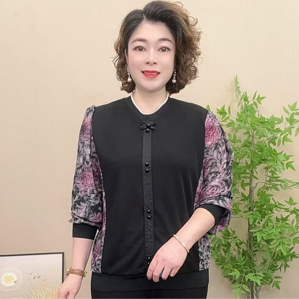 长袖妈妈装秋季中老年女装百搭时尚圆领拼接气质显瘦宽松上衣女士