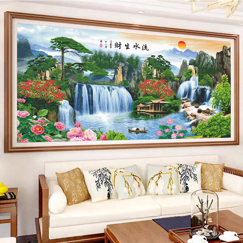 纯手工绣好的十字绣成品不带裱框山水画的流水生财经典客厅挂画