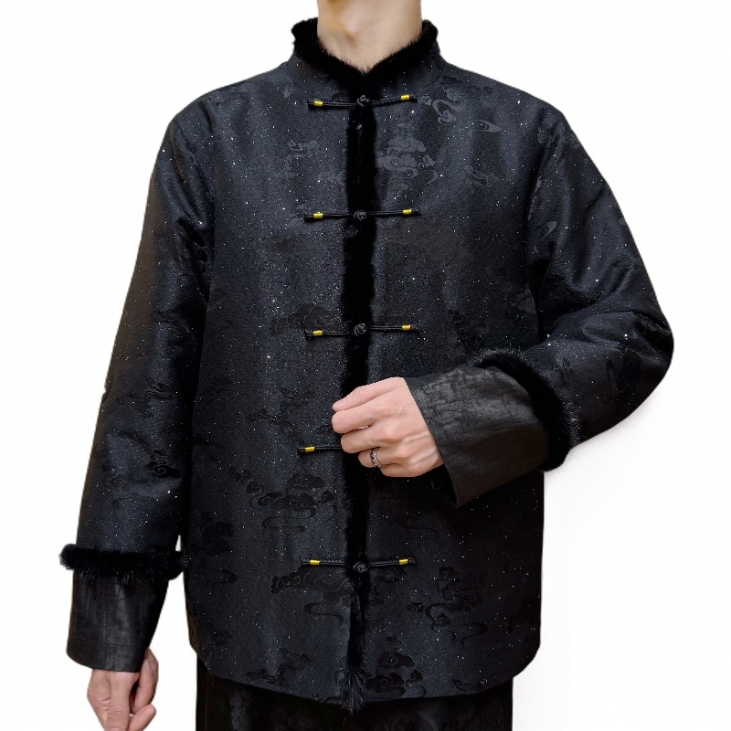 墨雨云间 - 桑蚕丝羊毛宋锦拼香云纱棉服外套！水貂毛镶边保暖