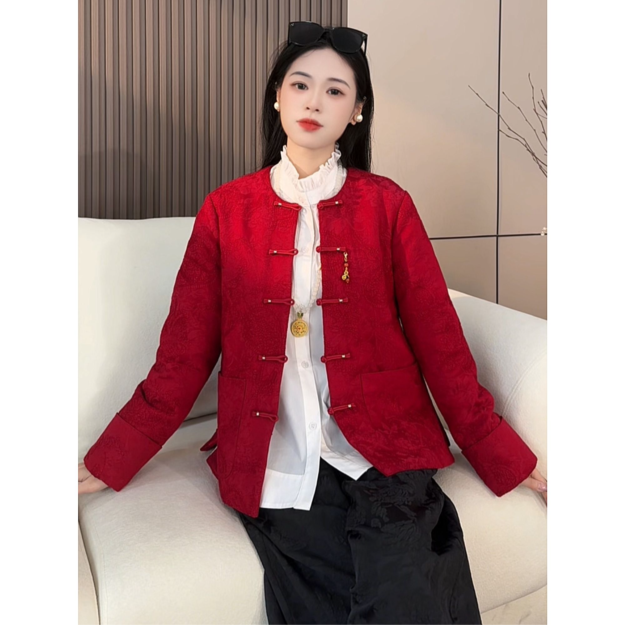 丹枫艳棉服厚款中国风圆领提花保暖唐装外套常规上衣宽松型秋冬