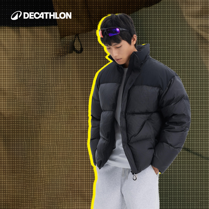 迪卡侬SPW拼接格纹运动休闲羽绒服男防风拒水保暖外套373104