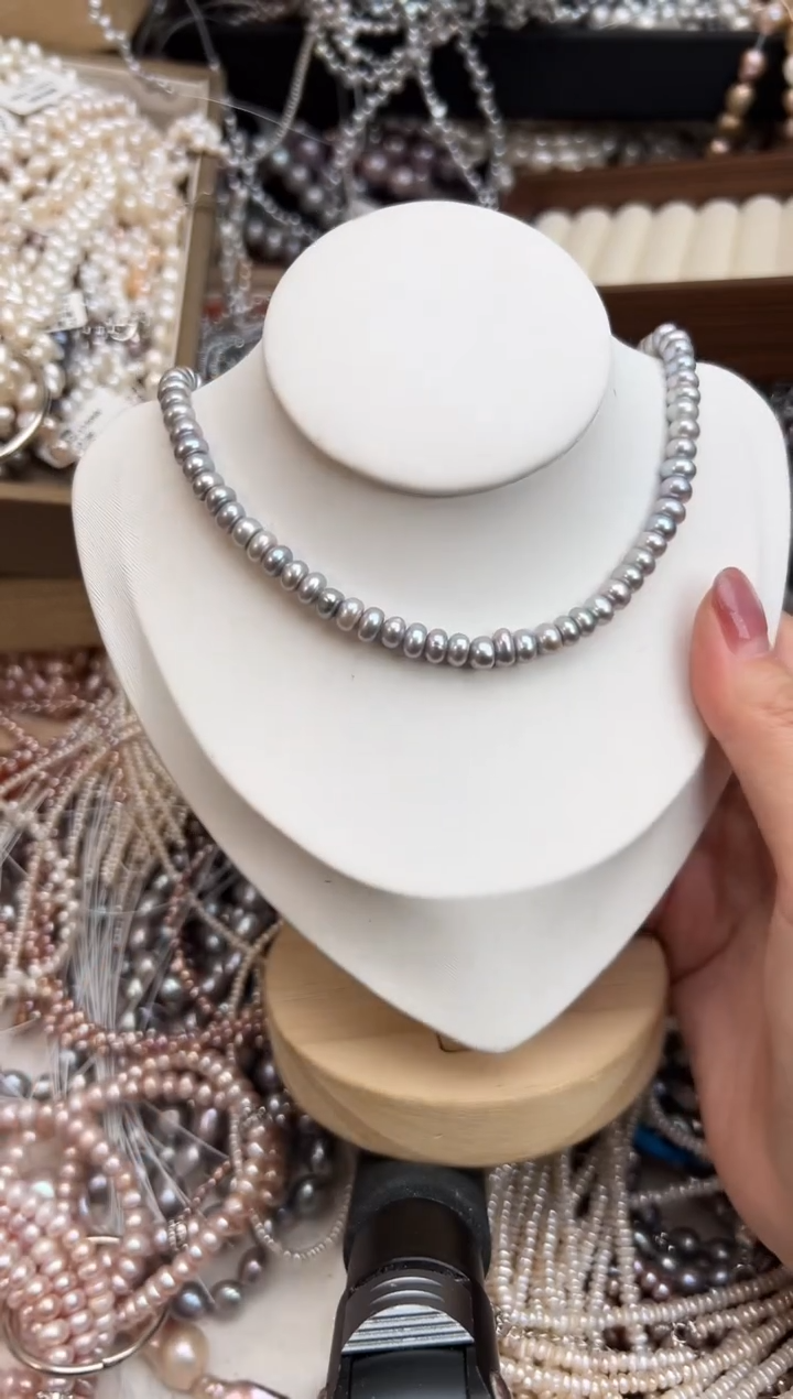 未镶嵌4淡水珍珠无核*强光灰色珍珠项链6mm左右