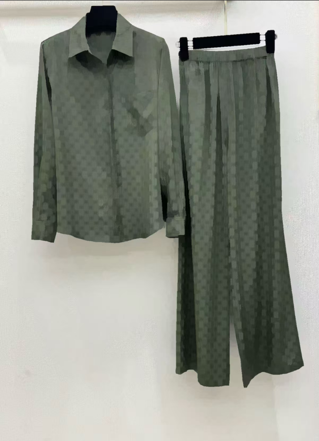 慕溢-211墨绿色提花衬衣套装