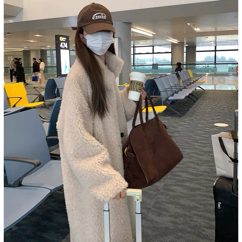 冬季长款大衣宽松加厚简约时尚小个子立领皮毛一体毛毛外套女显瘦