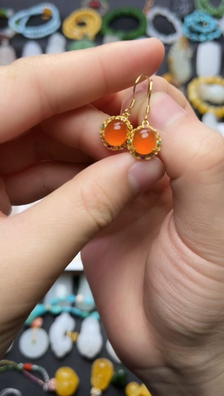 银S925镶嵌耳饰南红玛瑙蛋面耳钩06