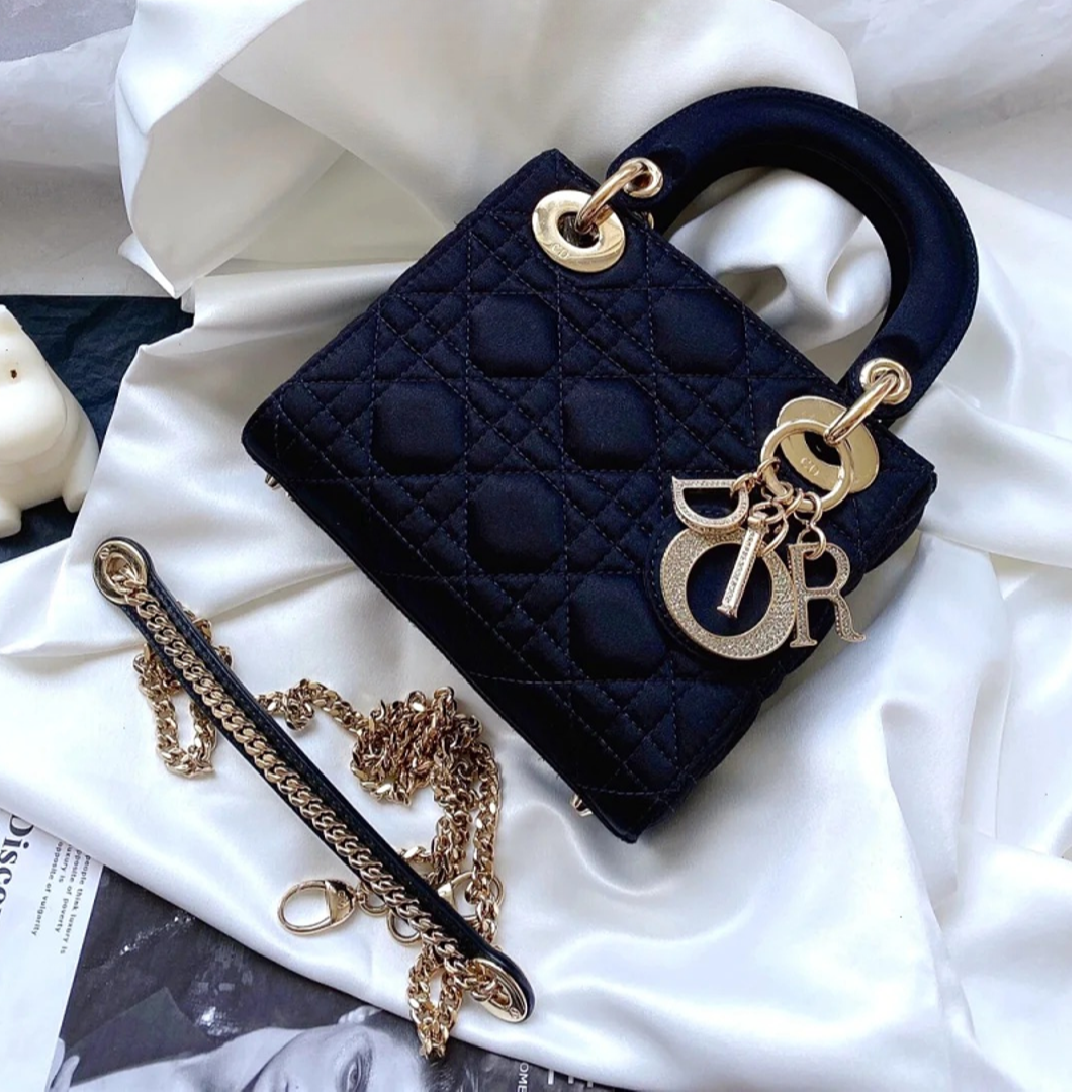99新 DIOR/迪奥 小花JerryLady Dior 戴妃包 三格 黑色 缎面 钻扣