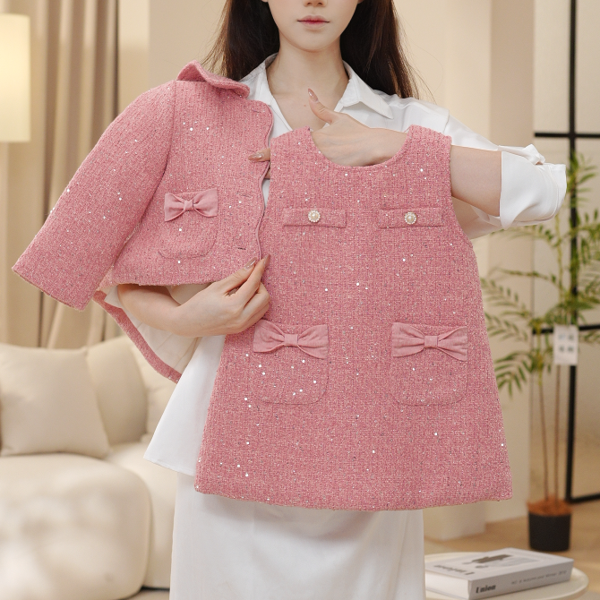 2025冬季女童加厚新款小香风毛领上衣粉色外套背心裙套装DA30863