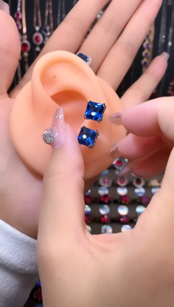 蓝宝石耳饰银S925镶嵌8矢车菊