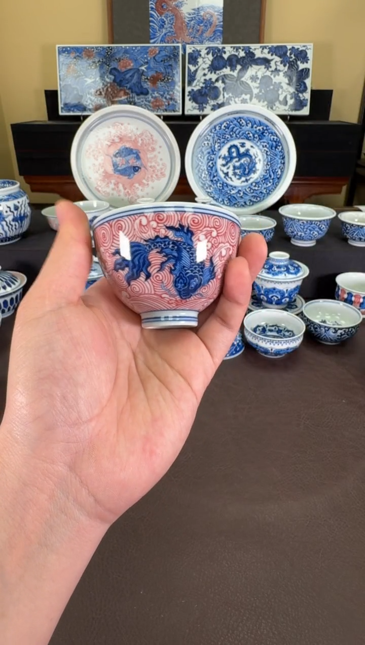 【闪购商品】瓷片羿器窑青红海水鲲鸡心杯