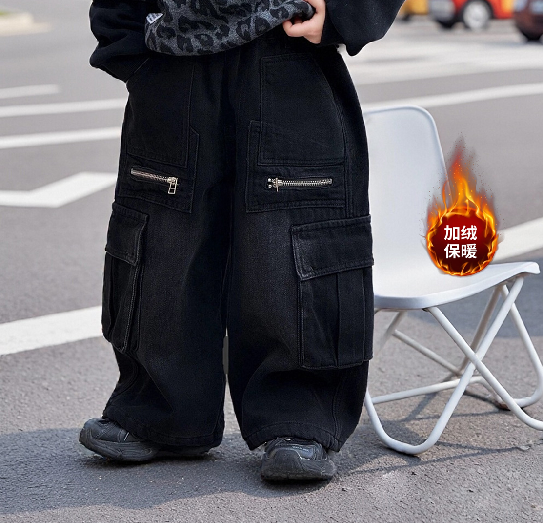 2025冬季加绒裤子新款韩版工装牛仔裤男童痞帅洋气宽松百搭直筒裤