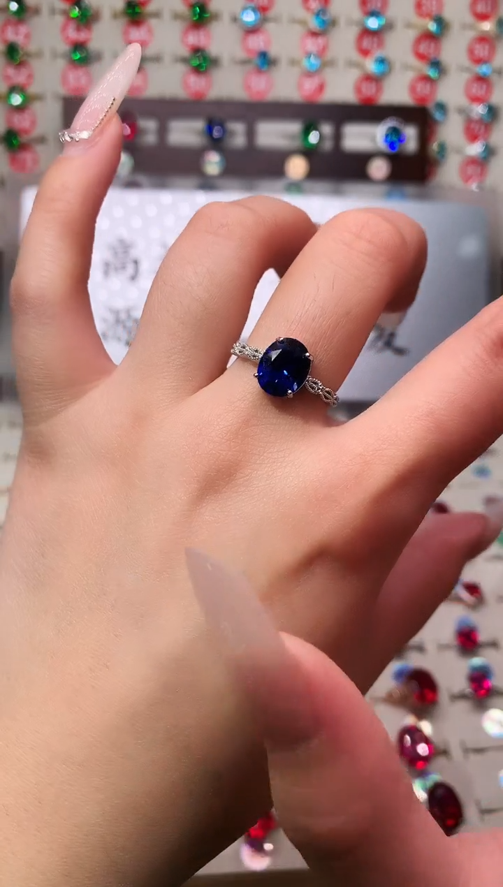 戒指蓝宝石银S925镶嵌8*10 银托