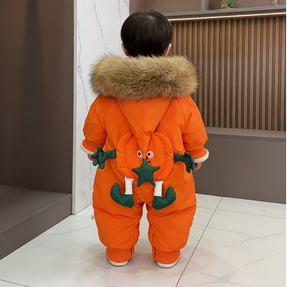 MR冬款南瓜小星哈衣男女宝连帽超可爱洋气拉链婴幼拉链连体衣