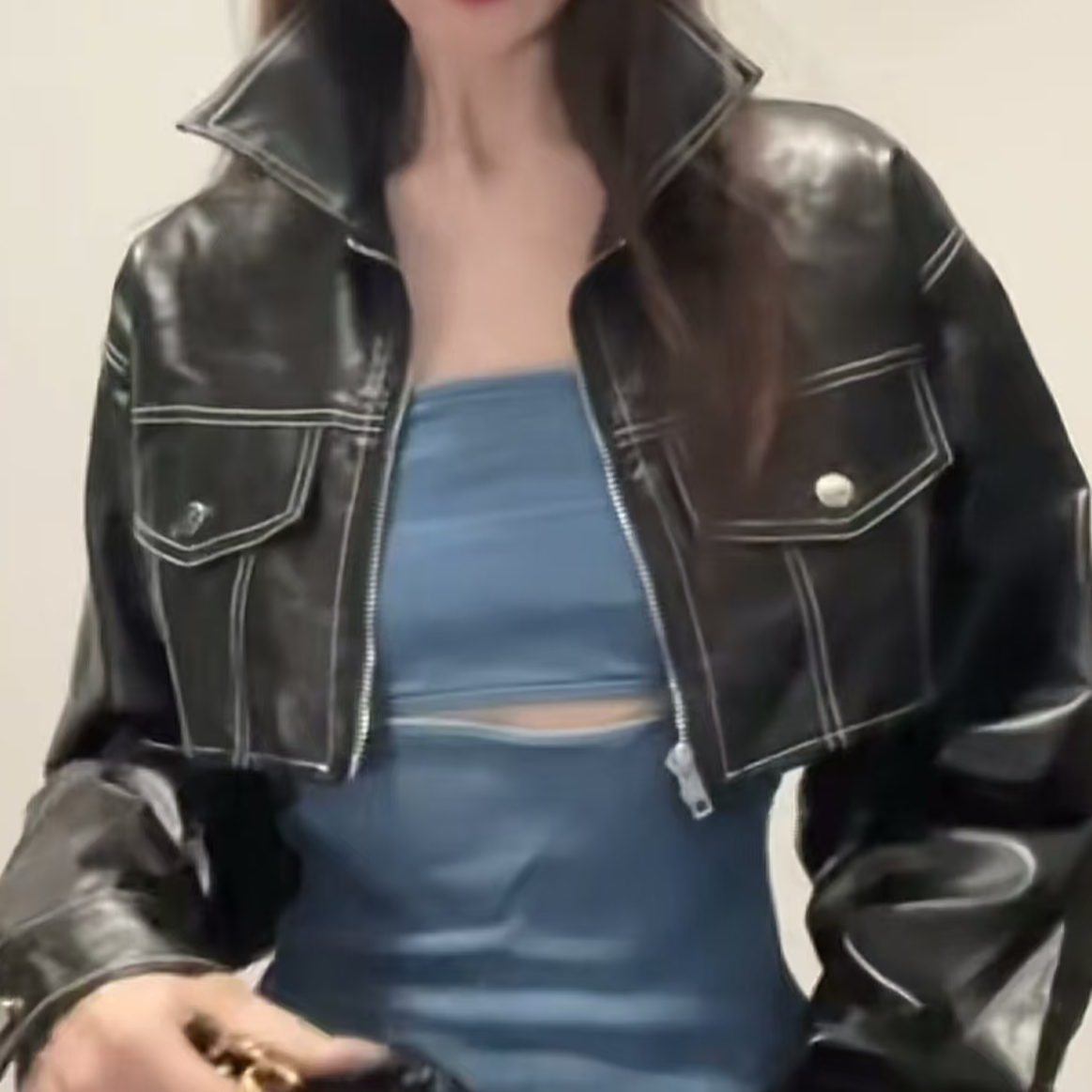 秋季新款黑色pu短款翻领皮衣