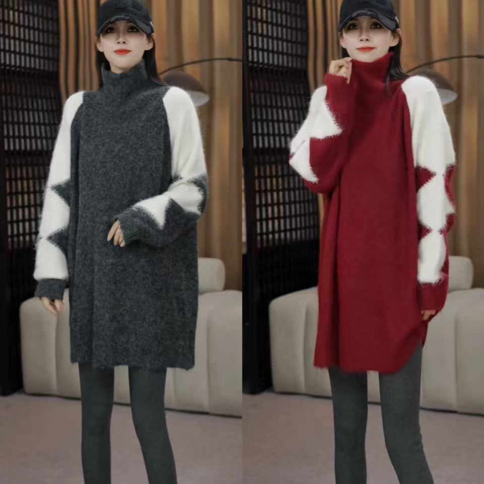 韩版慵懒风中长款针织女毛针织衫套头百搭加绒加厚高领