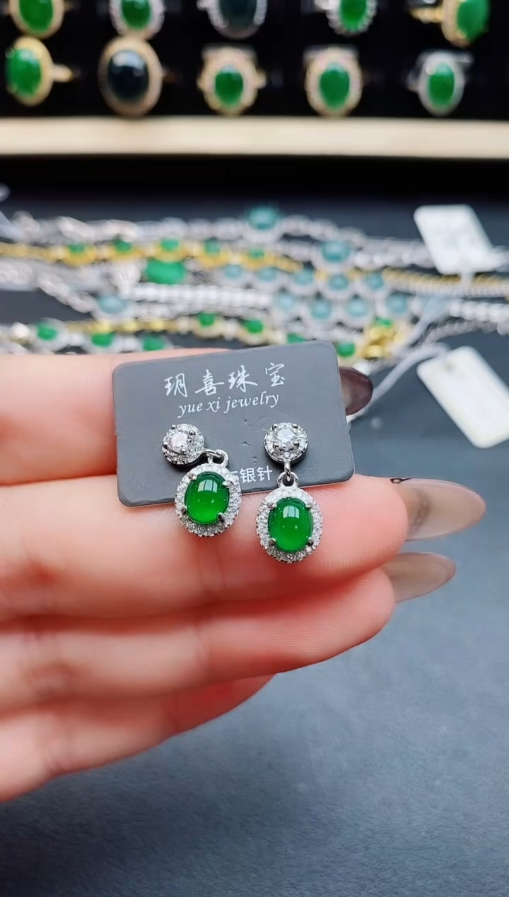 翡翠银S925镶嵌耳饰5085005