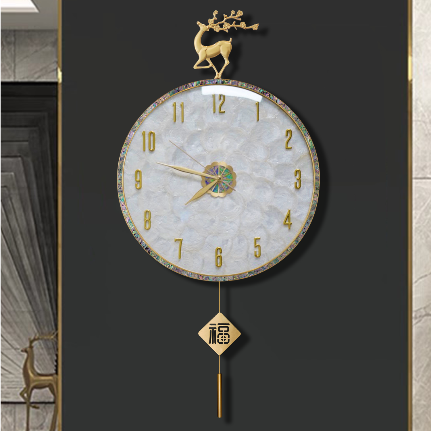 福鹿古铜贝壳轻奢钟表挂钟现代简约时尚创意客厅装饰静音挂墙时钟